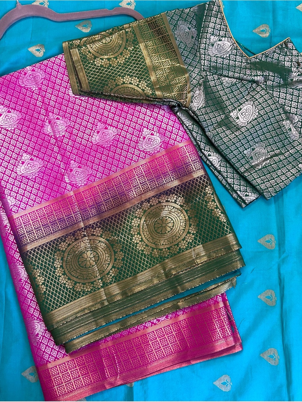 New Silk Banarasi Saree in Pink and Teal with Gold Brocade comes with blouse